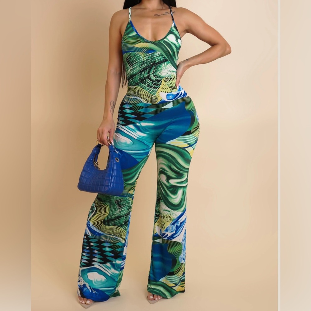 Vibrant Green and Blue Patterned Jumpsuit